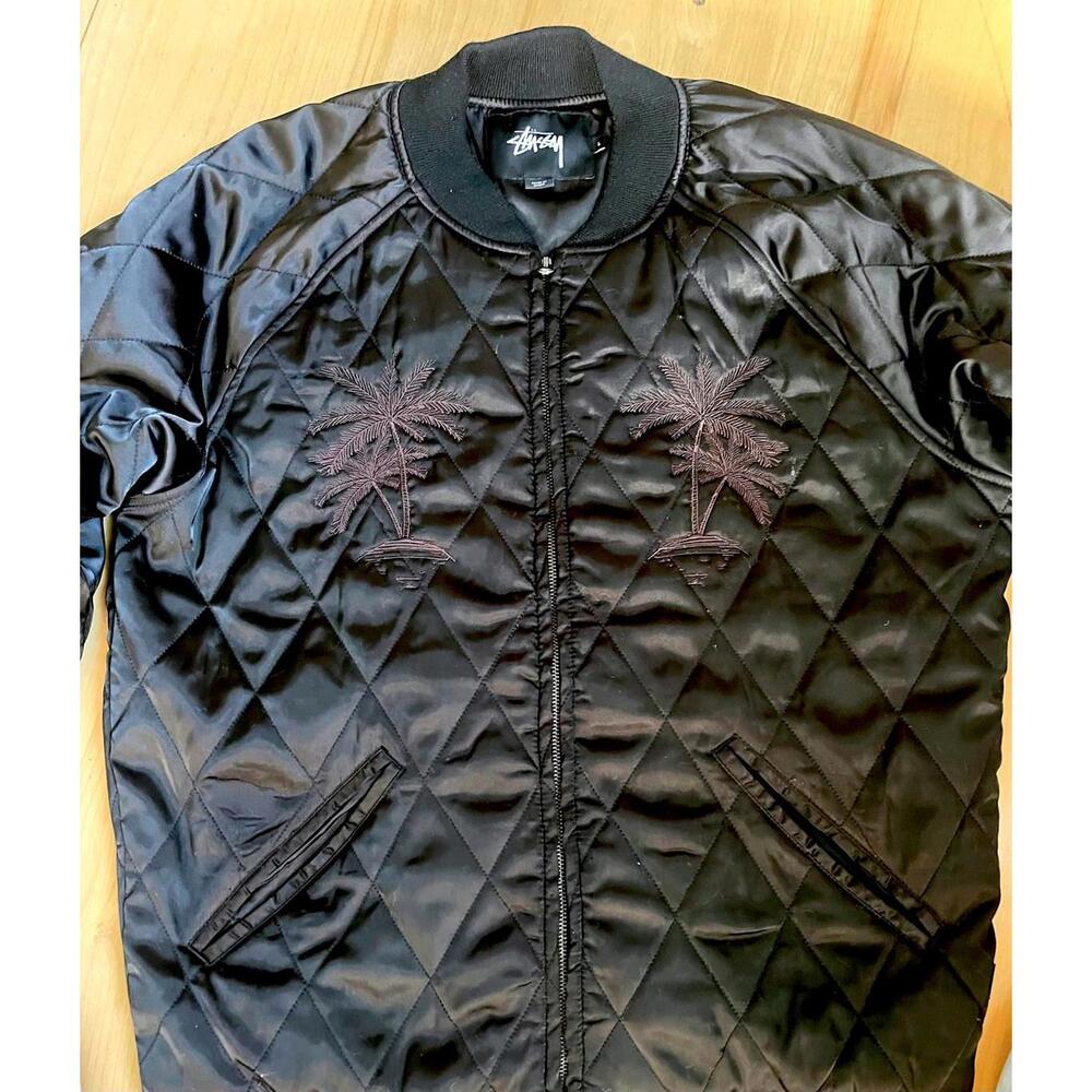Stussy Satin Quilted Palm Tree Embroidery Bomber Jacket Mens Large Black